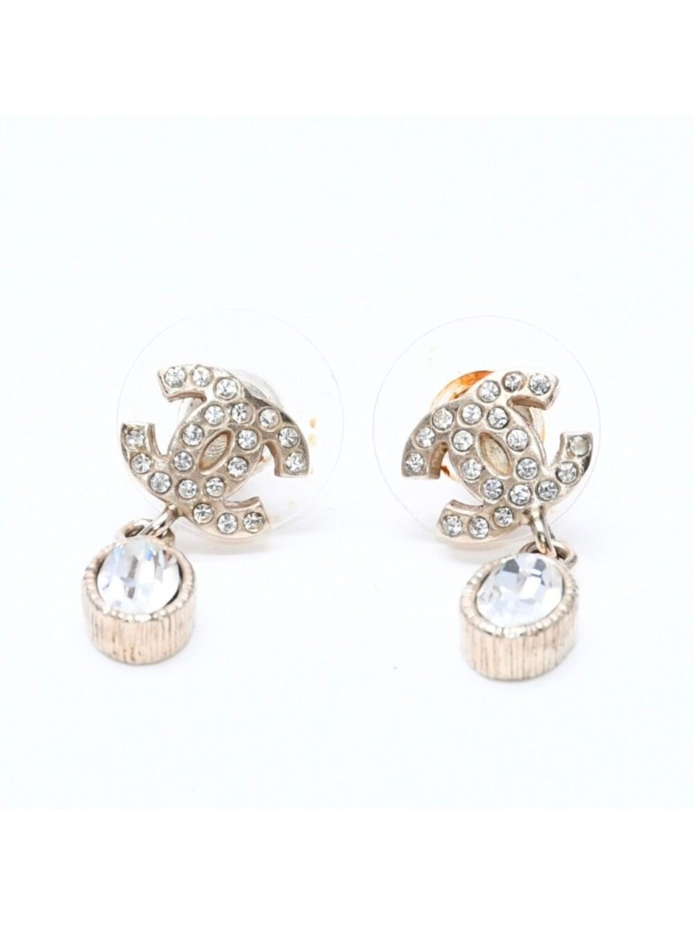 Chanel CC Logo Drop Earrings 08A Stamp Metal Rhinestone